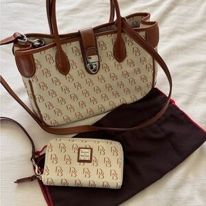 Dooney & Bourke Cream and Brown Canvas Leather Purse with Wristlet